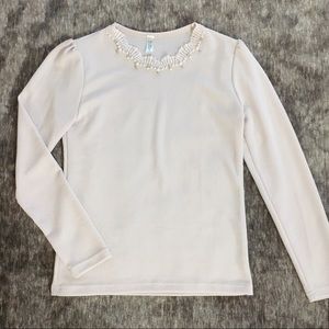 Long Sleeve Shirt with Lace and Bead Neckline